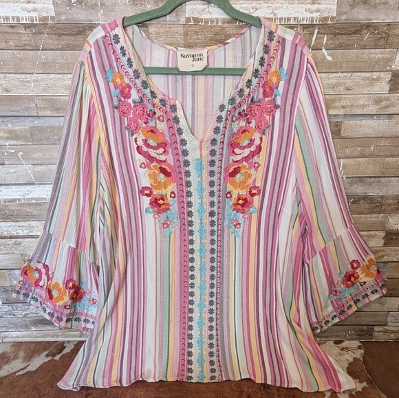 Savanna Jane Tops - Savannah Jane Embroidered V Neck Tunic With Embroidery On Bell Sleeves